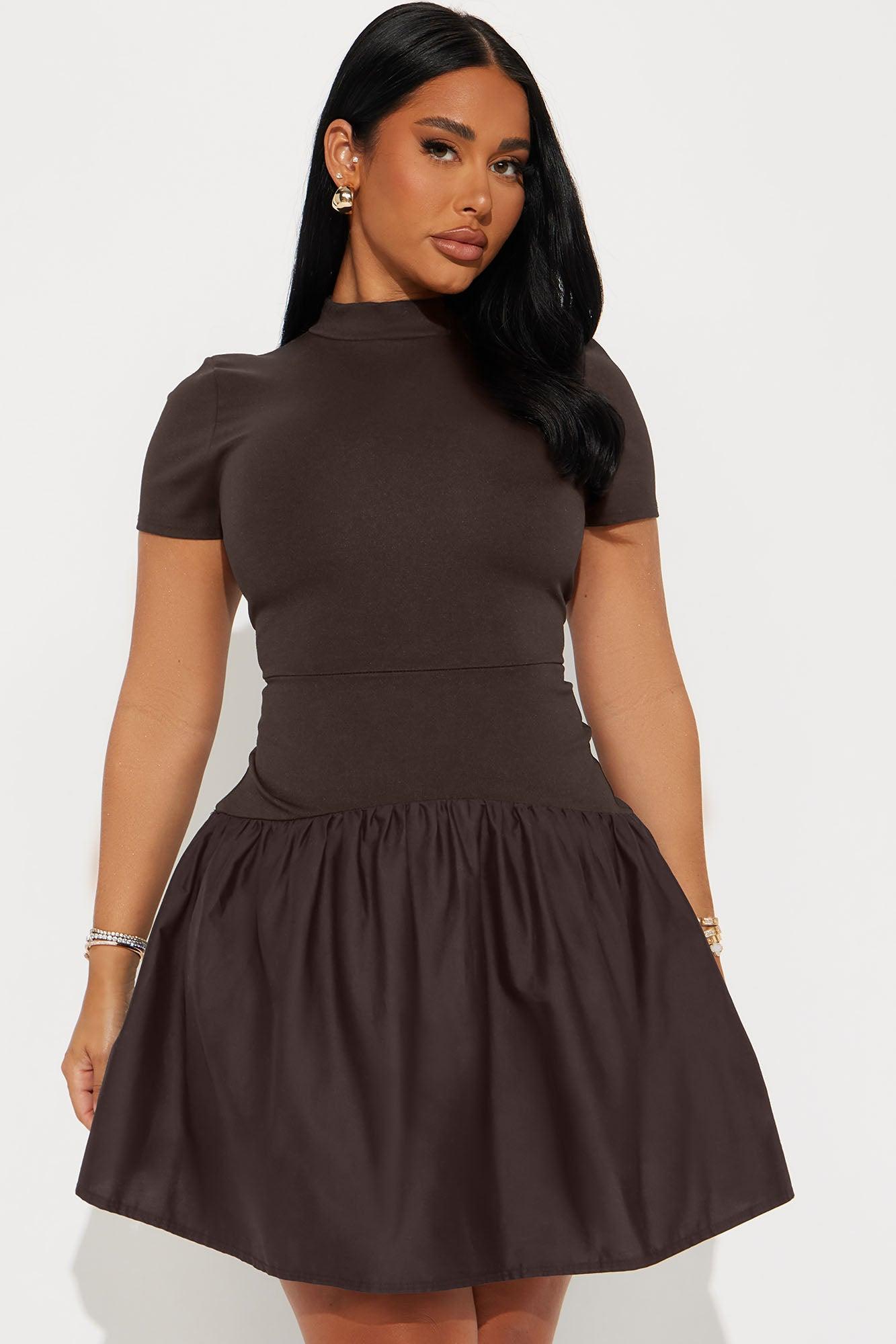 Kennedy Short Sleeve Drop Waist Mini Dress - Chocolate Product Image