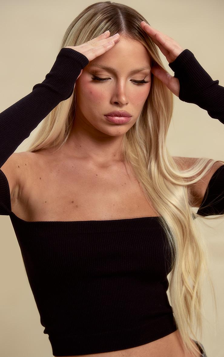 Black Structured Snatched Rib Bardot Crop Top Product Image