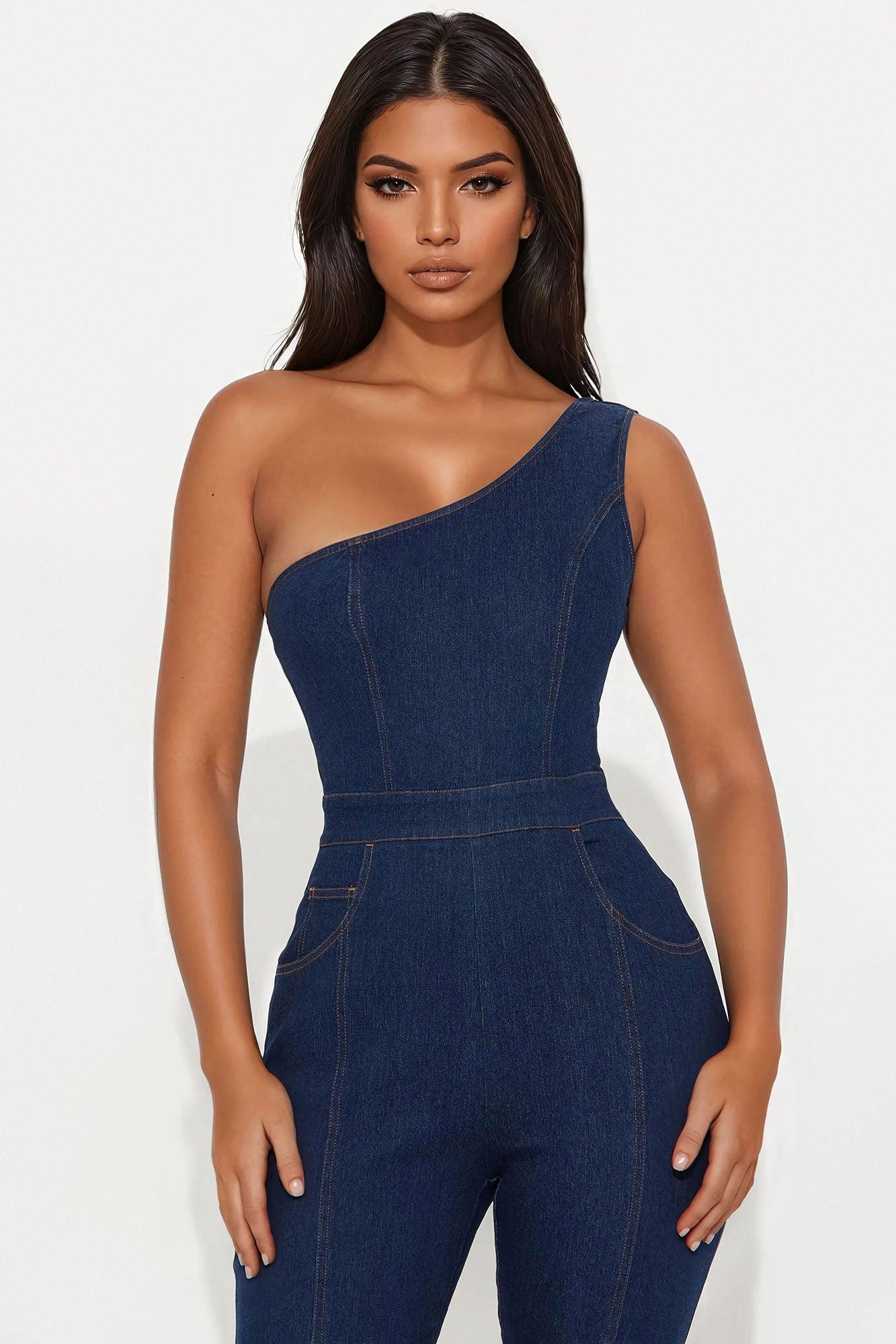 Follow My Lead Denim Flare Jumpsuit - Dark Wash Female Product Image