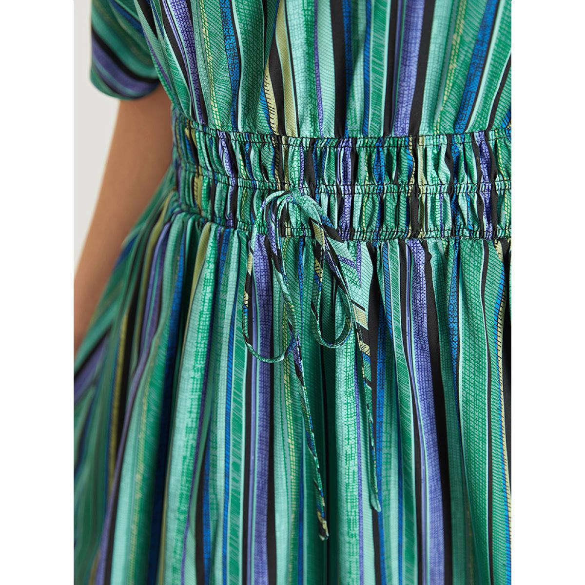 Plus Size Striped Contrast Pocket Knot Shirred Batwing Sleeve Dress Green Women Vacation Gathered V-neck Short sleeve Curvy Midi Dress BloomChic 10/M Product Image