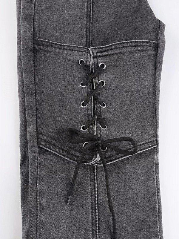 Lace Up Patchwork Slit Flare Jeans Product Image