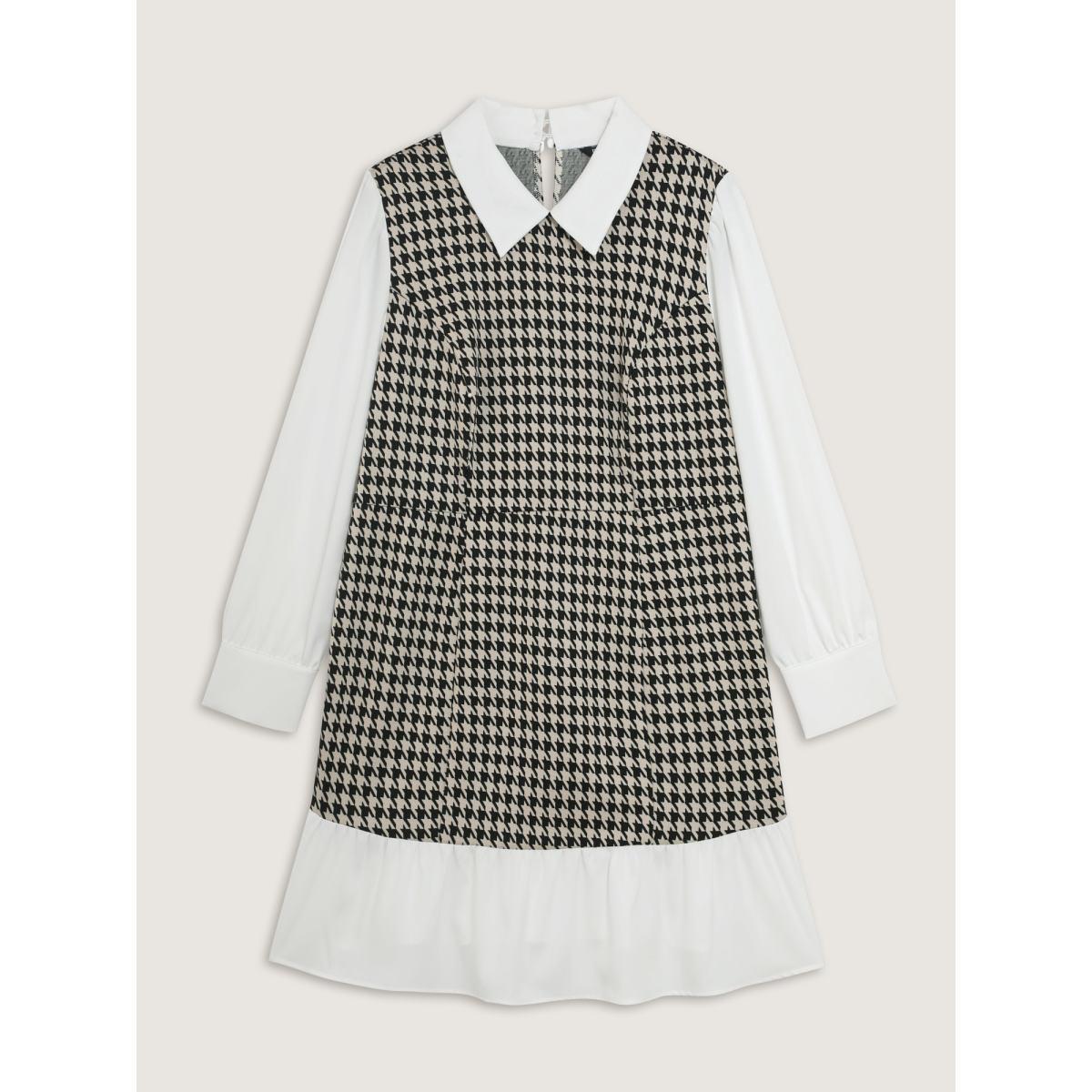 Plus Size Houndstooth Layered Ruffled Knee Dress LightBrown Women Romantic Patchwork Shirt collar Long Sleeve Curvy BloomChic 12/L Product Image