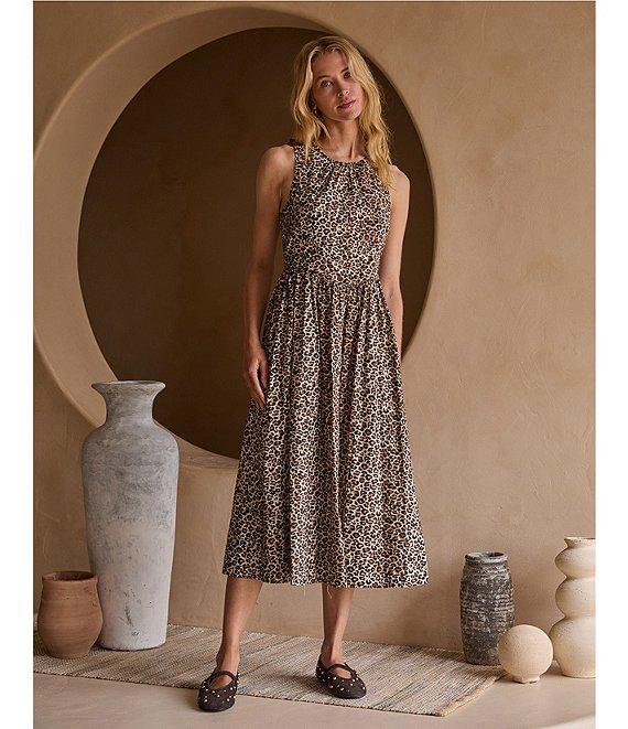 Skies Are Blue Leopard Print Poplin Crew Neck Sleeveless Drop Waist Midi Dress Product Image