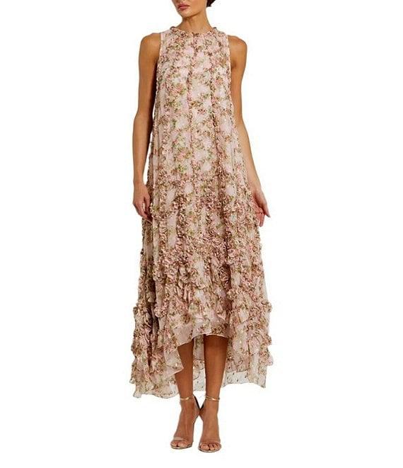 Mac Duggal Mock Neck Micro Ruffle Printed Chiffon Shift Midi Dress Product Image