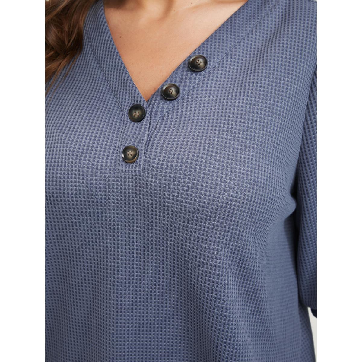 Plus Size Solid Lantern Sleeve Button V Neck Waffle Knit Long Tee Stone Women Casual Button Plain V-neck Dailywear T-shirts BloomChic 12/L Product Image