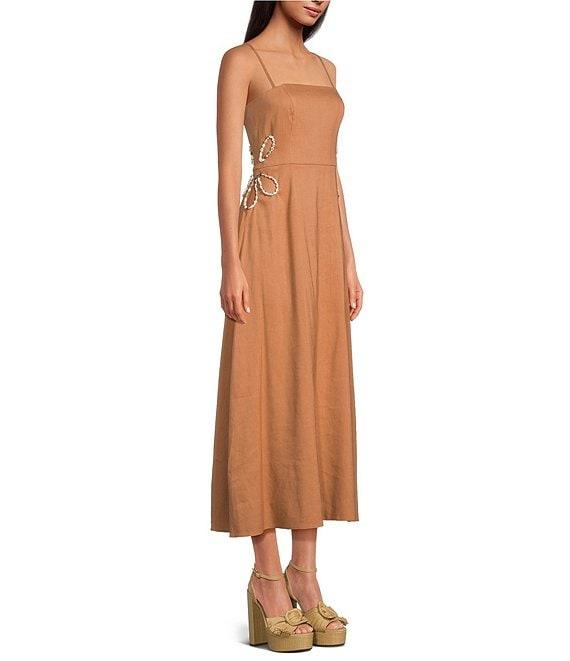 Gianni Bini Ash Square Neck Sleeveless Cut Out Shell Detail Midi Linen A-Line Dress Product Image
