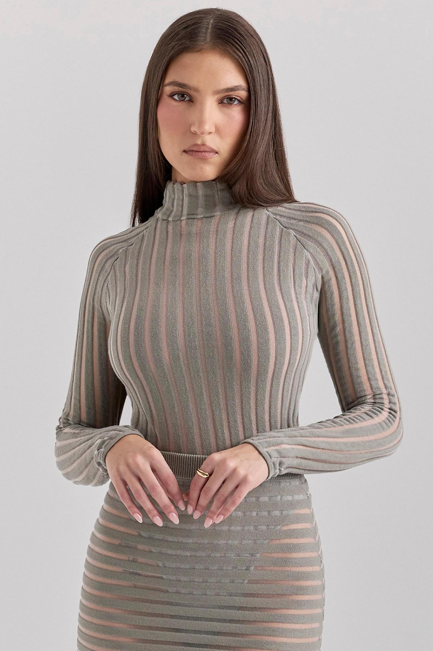 Rowena  grey velour sheer striped bodysuit Product Image