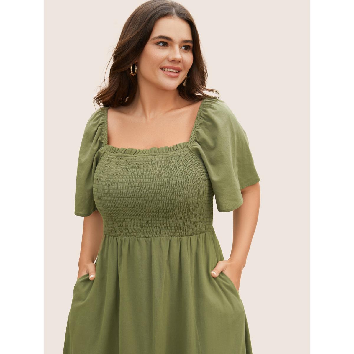 Plus Size Cotton Square Neck Shirred Ruffle Sleeve Split Hem Dress ArmyGreen Women Casual Gathered Square Neck Short sleeve Curvy BloomChic 30/6X Product Image