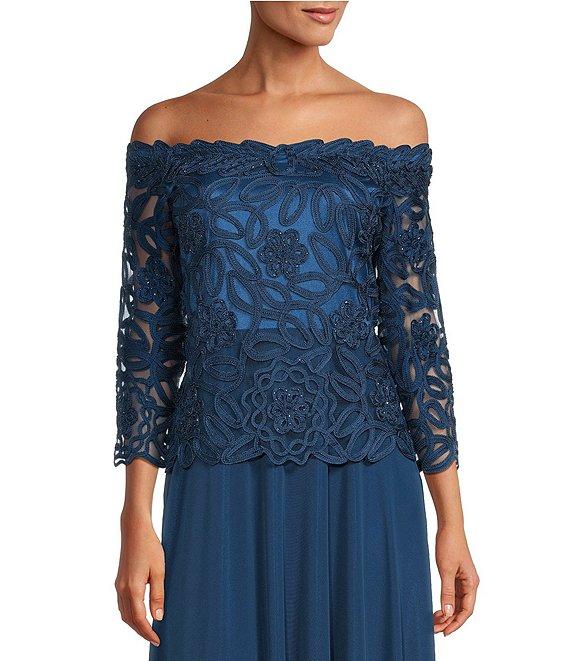 Soulmates Embroidered Floral Lace Bodice 3/4 Sleeve Square Neck Gown Product Image
