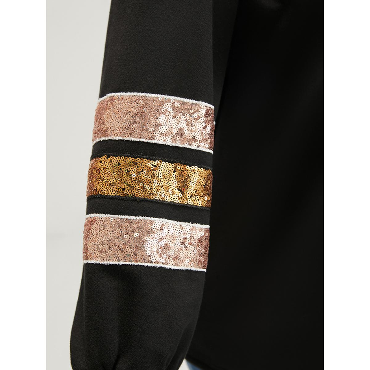 Plus Size Solid Contrast Patchwork Drop Shoulder Sweatshirt Women Black Casual Patchwork Round Neck Dailywear Sweatshirts BloomChic 10/M Product Image