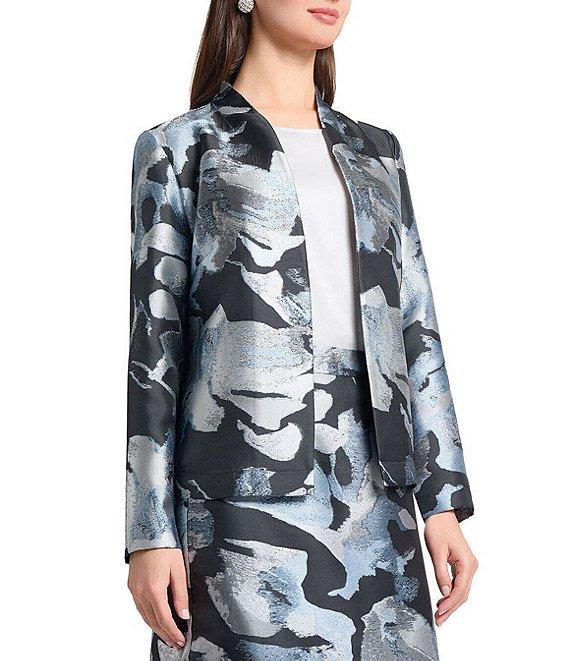 Ming Wang Woven Floral Print Mandarin Collar Long Sleeve Open Front Coordinating Jacket Product Image