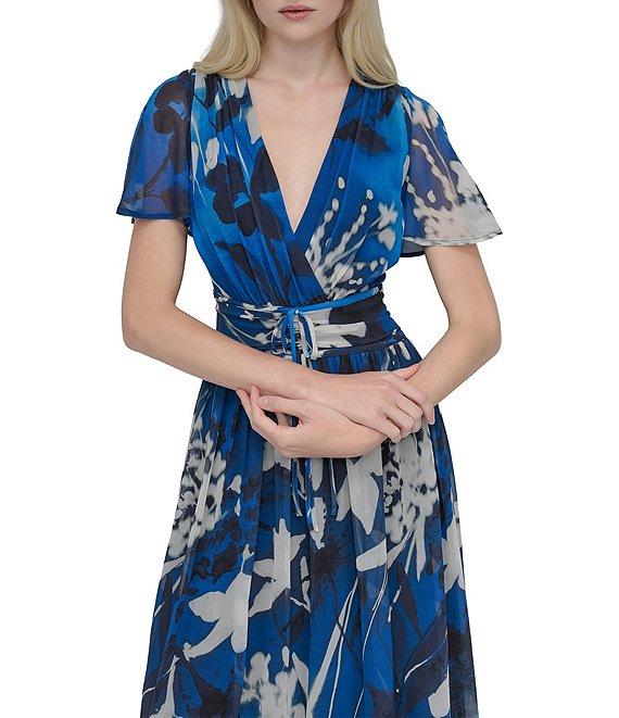 DKNY by Donna Karan Chiffon Floral Print V Neck Short Sleeve Sheath Maxi Dress Product Image