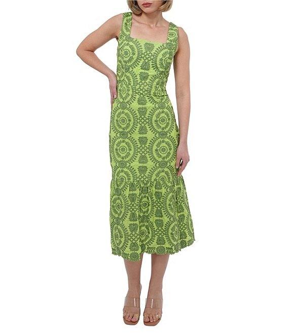 Adelyn Rae Rose Eyelet Embroidered Print Square Neck Sleeveless Fit and Flare Midi Dress Product Image