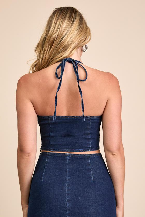 Helaine Dark Wash Denim Halter Crop Top Product Image