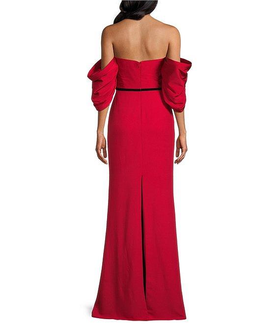 Terani Couture Off-The-Shoulder Draped Short Sleeves Matte Satin Column Gown Product Image