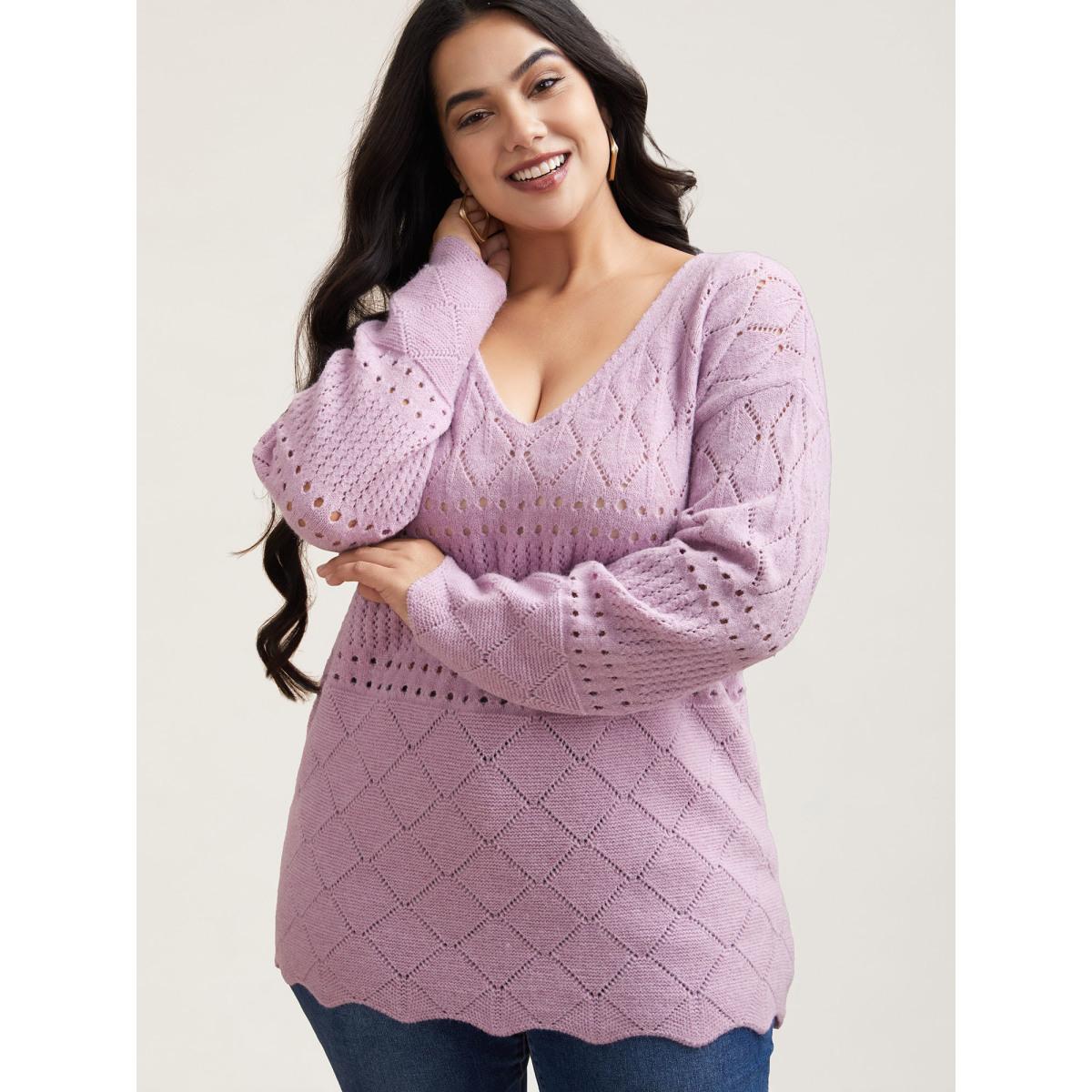 Plus Size Cut-Out Textured V-Neck Pullover Lilac Women Casual Loose Long Sleeve V-neck Everyday Pullovers BloomChic 14-16/1X Product Image