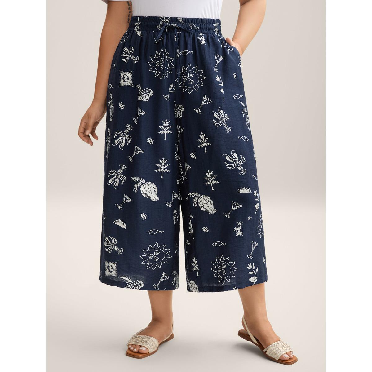 Plus Size Marine Print Flowy Wide-Leg Pants Women Indigo Resort Wide Leg Mid Rise Vacation Pants BloomChic 14-16/1X Product Image