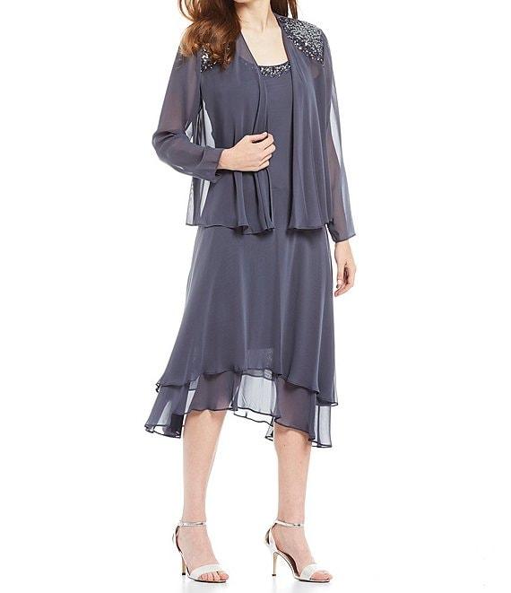 Ignite Evenings Sequined Shoulder Scoop Neck Tiered 2-Piece Midi Jacket Dress Product Image