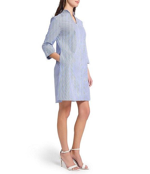 Ming Wang Cotton Stripe Mandarin Collar Zip Front 3/4 Sleeve Dress Product Image