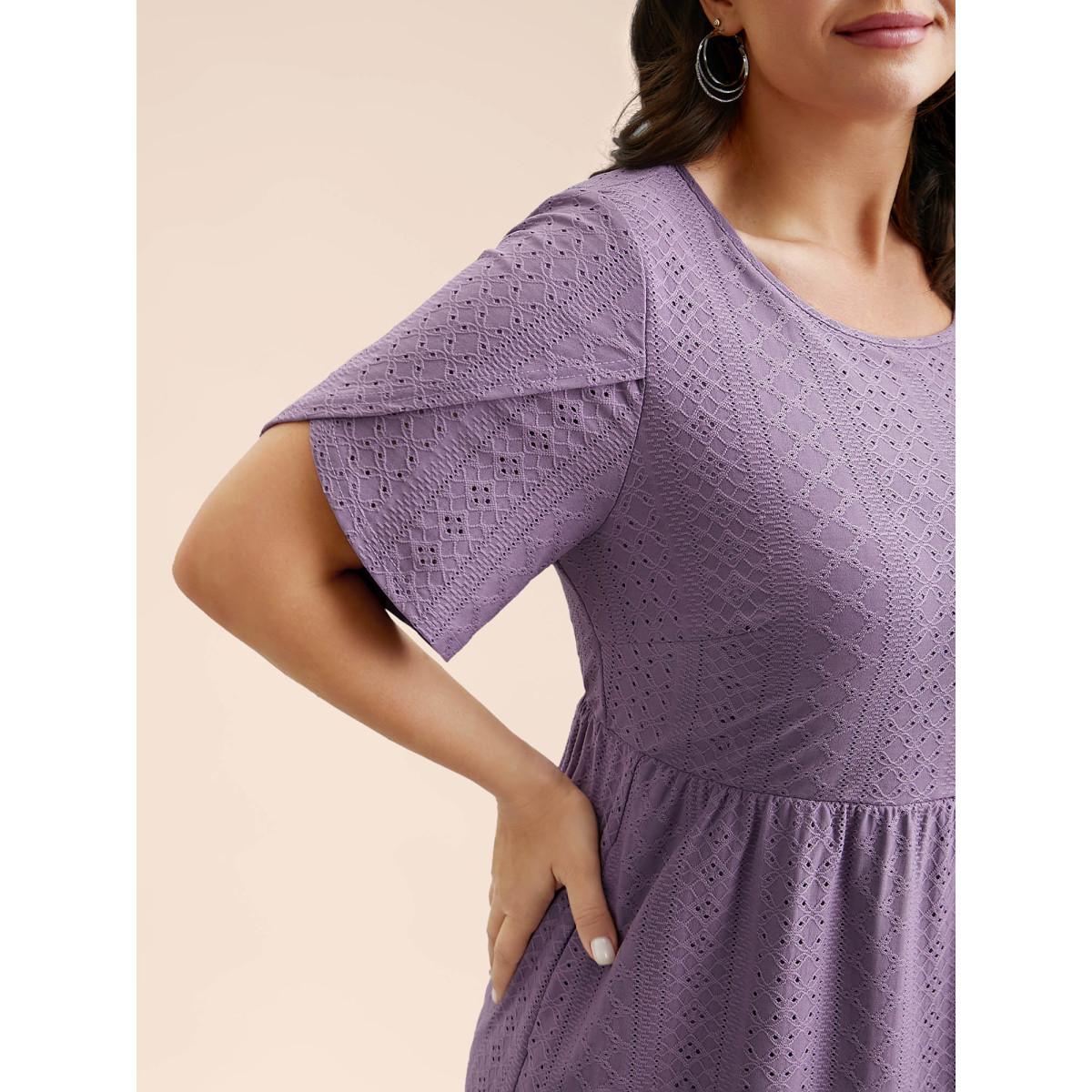 Plus Size Textured Plain Petal Sleeve Pockets Midi Dress Mauve Women Casual Petal edge Round Neck Short sleeve Curvy BloomChic 14-16/1X Product Image