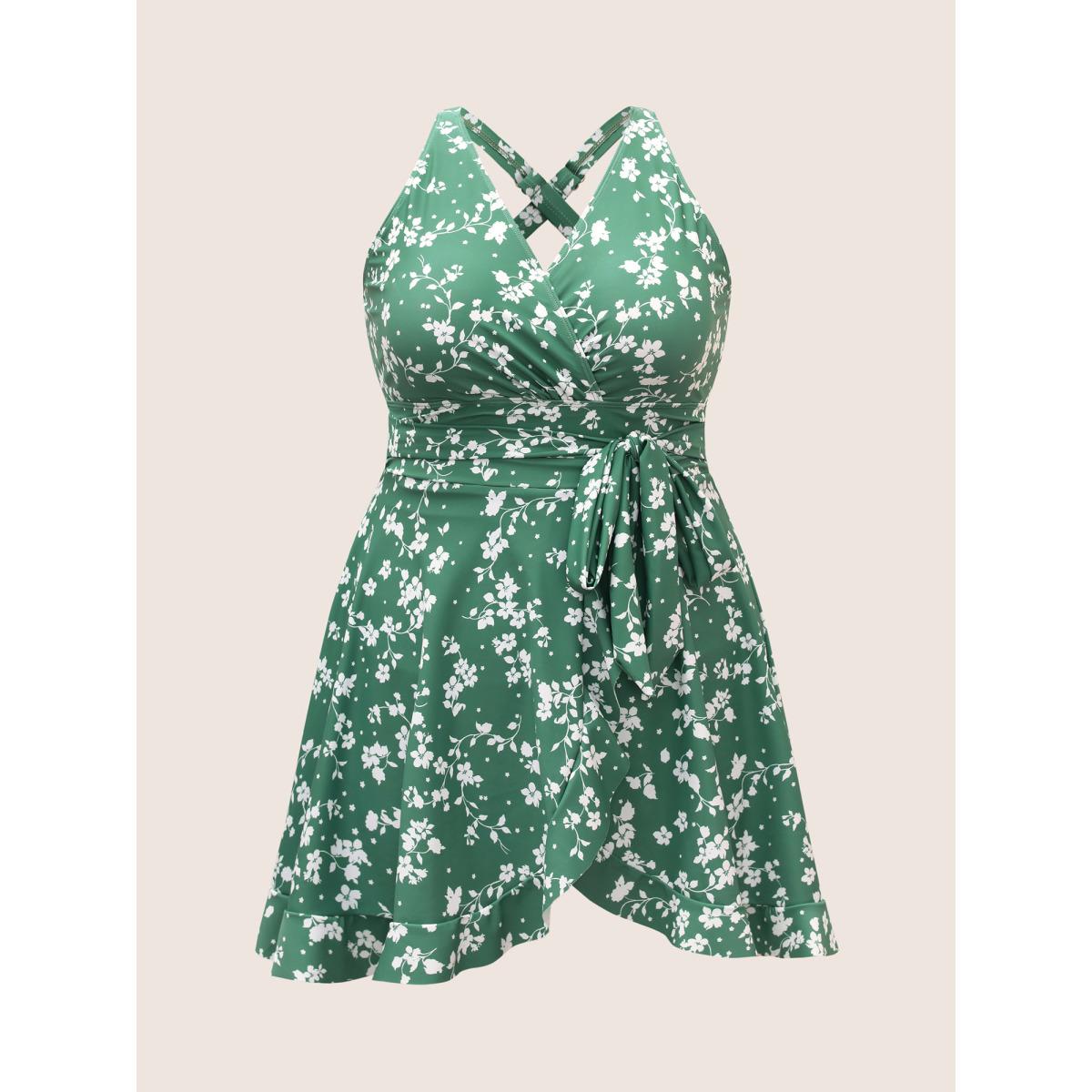 Plus Size Ditsy Floral Overlap Collar Tie Knot Swim Dress Women's Swimwear Palemauve Beach Bodycon Overlap Collar High stretch Curve Swim Dresses BloomChic 30/6X Product Image