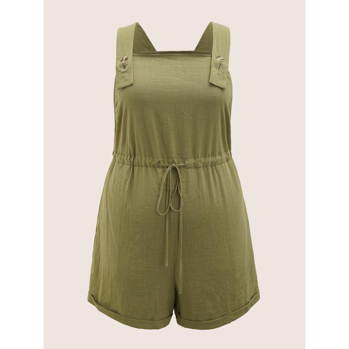 Plus Size Moss Cotton Square Neck Drawstring Roll Hem Jumpsuit Women Casual Sleeveless Square Neck Everyday Loose Jumpsuits BloomChic 22-24/3X Product Image