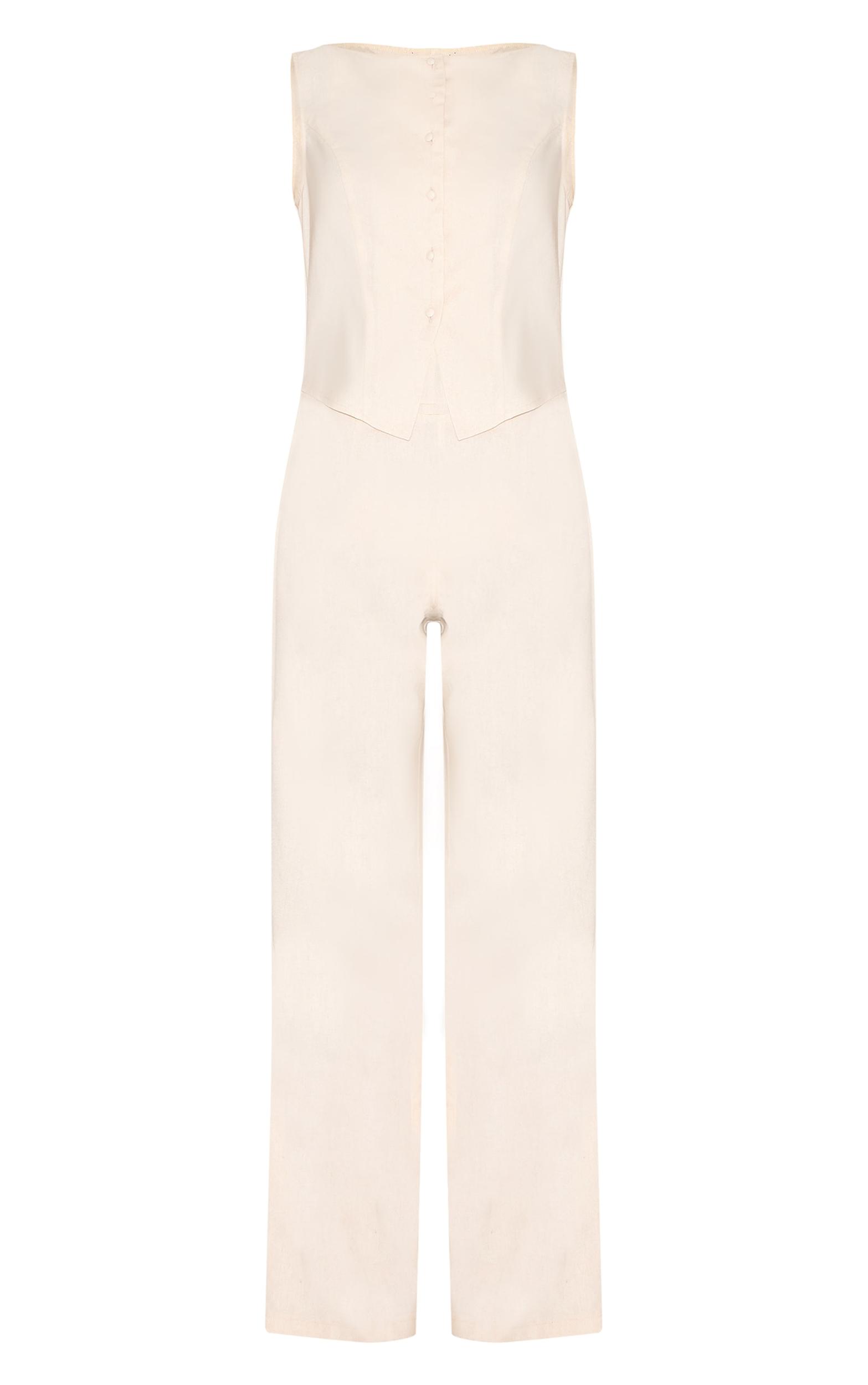 Stone Linen Blend Vest Detail Straight Leg Jumpsuit Product Image