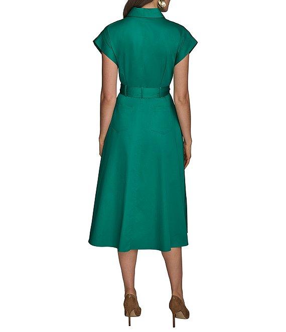 Donna Karan Cotton Sateen Collared Neck Short Sleeve Tie Sash Belt Midi Shirt Dress Product Image