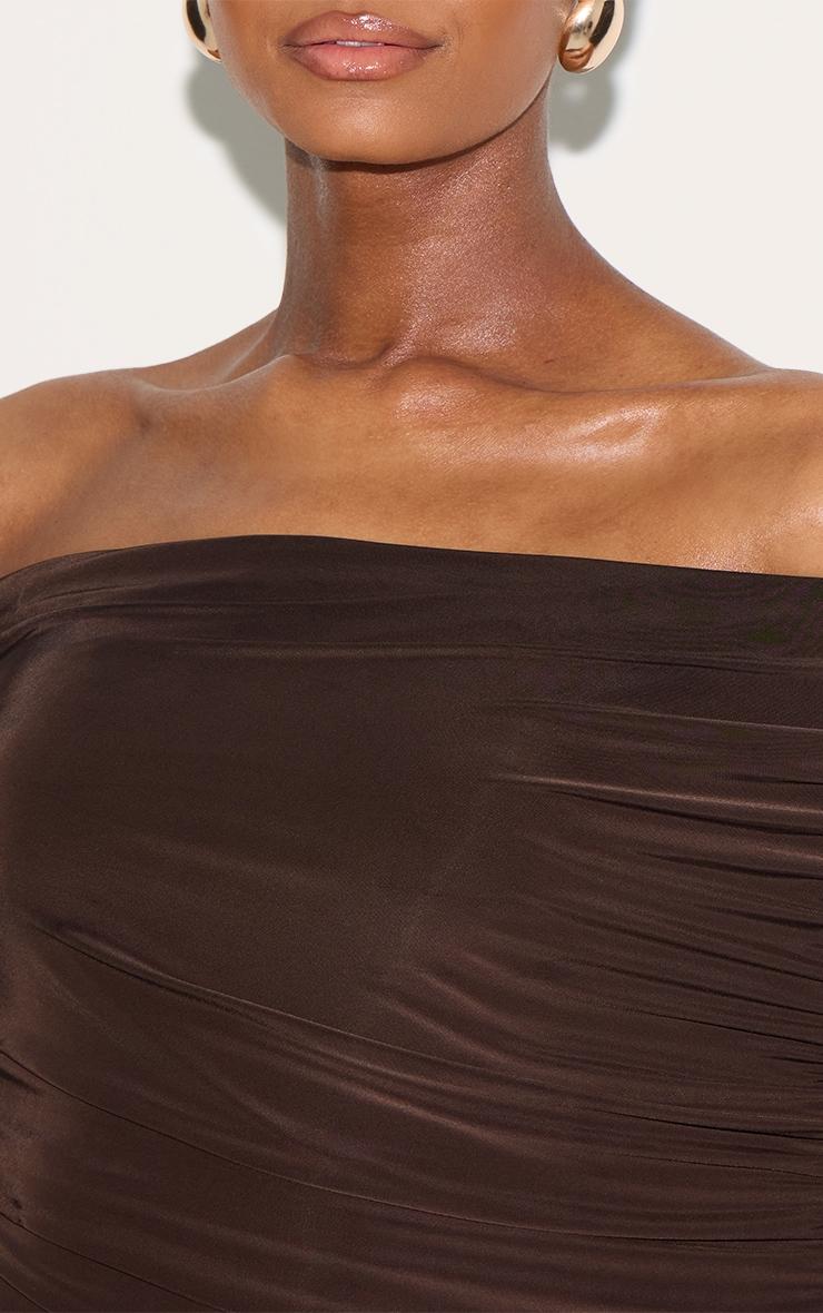 Chocolate Brown Double Layer Slinky Bardot One Shoulder Ruched Maxi Dress Product Image