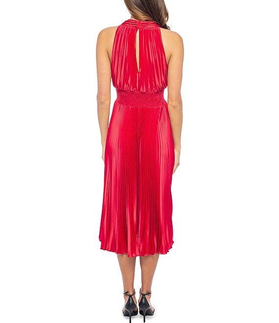 Marina Charmeuse Pleated Halter V-Neck Sleeveless A-Line Dress Product Image