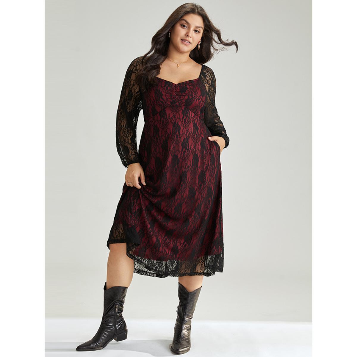 Plus Size Christmas Crochet Lace Mesh Contrast Square Neck Dress Raspberry Women Elegant Elastic cuffs Square Neck Long Sleeve Curvy Midi Dress BloomChic 18-20/2X Product Image