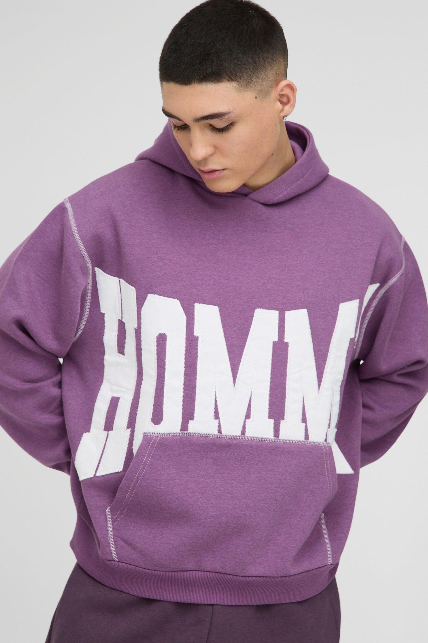 Oversized Boxy Twill Applique Contrast Stitch Hoodie | boohooMAN USA Product Image