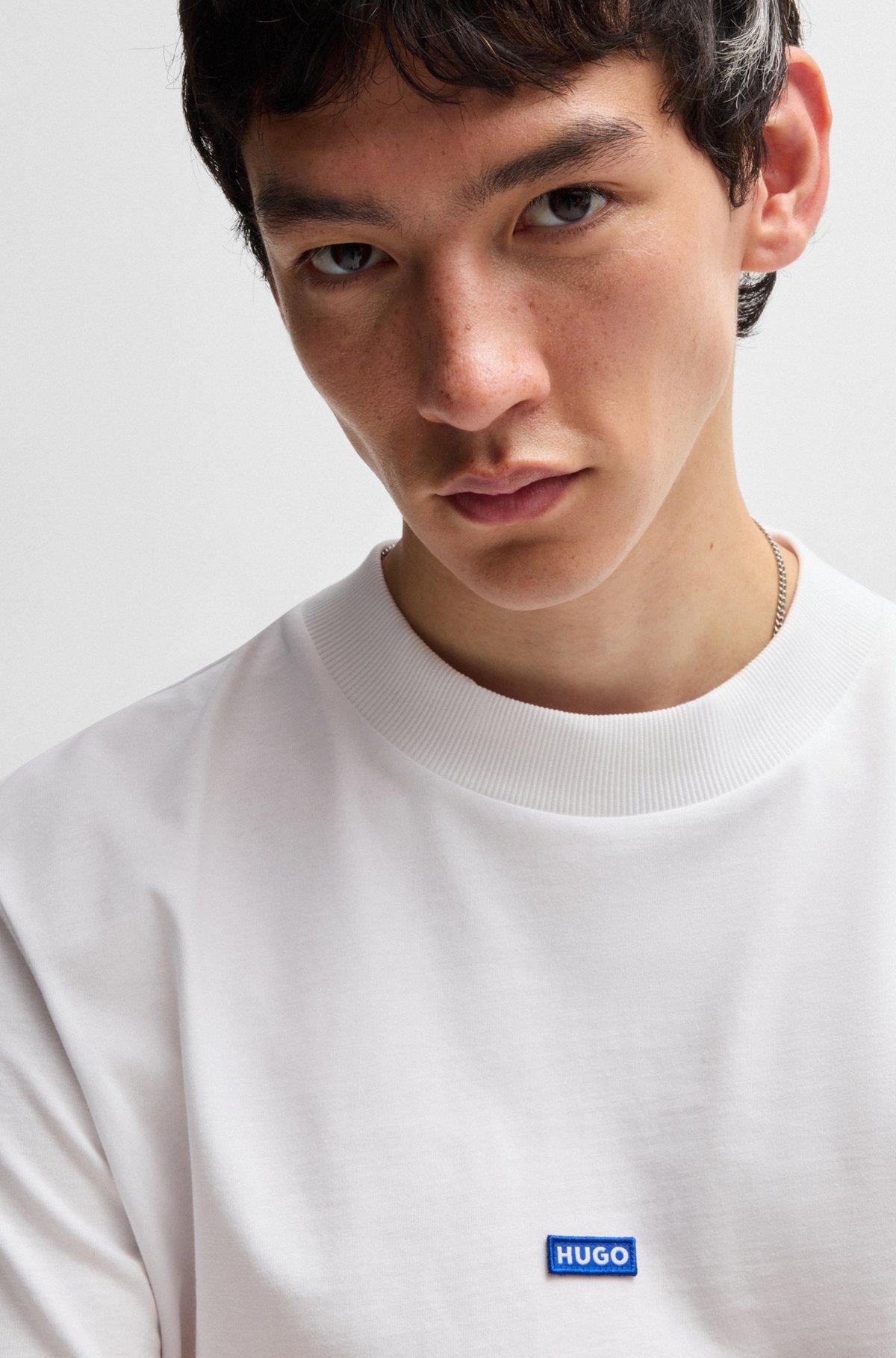 HUGO - Regular-fit cotton-jersey T-shirt with blue logo patch - White Product Image