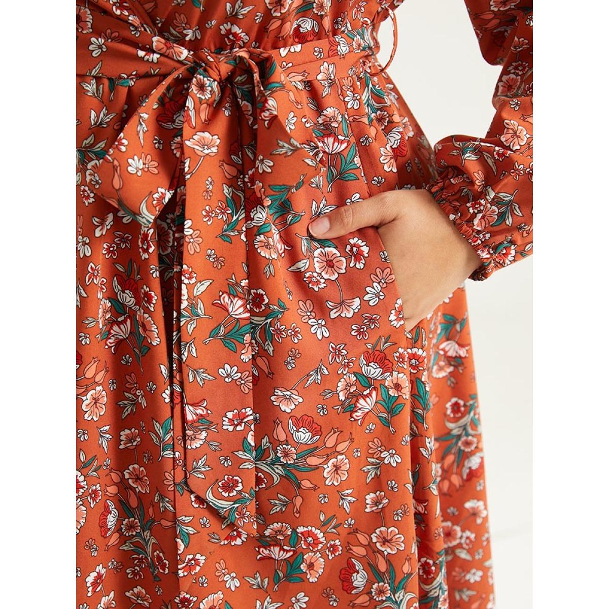 Plus Size Floral Print Belted Elastic Cuffs Dress Rust Women Elegant Elastic cuffs V-neck Long Sleeve Curvy Midi Dress BloomChic 28/5X Product Image