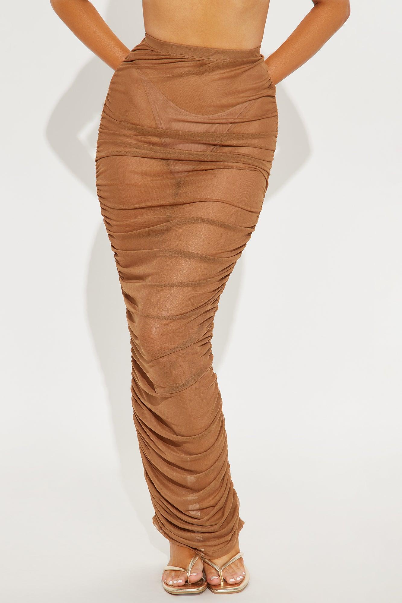 Summer Beach Party Ruched Mesh Cover Up Skirt - Mocha Product Image