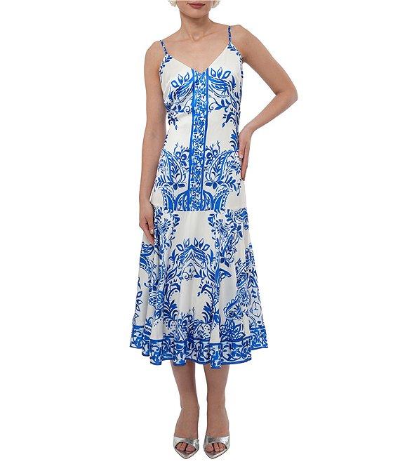 Adelyn Rae Rhegan Satin Floral Print V Neck Sleeveless Slip Midi Dress Product Image