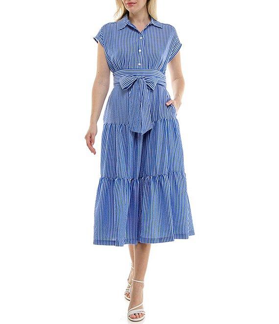 Moda Tara Cap Sleeve Button Front Seersucker Midi Dress Product Image