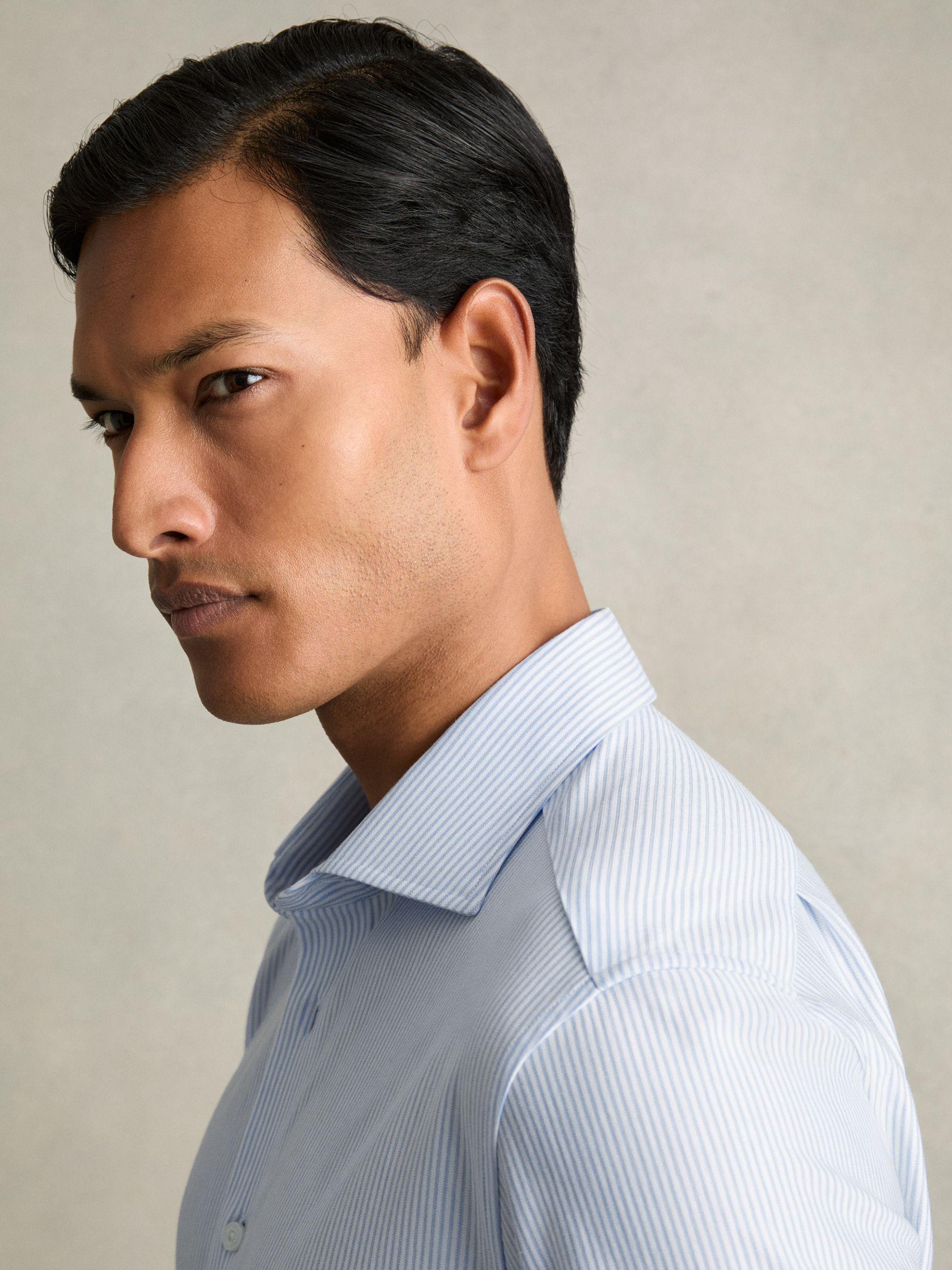 Cotton-Blend Cutaway-Collar Striped Shirt in Blue Stripe Product Image