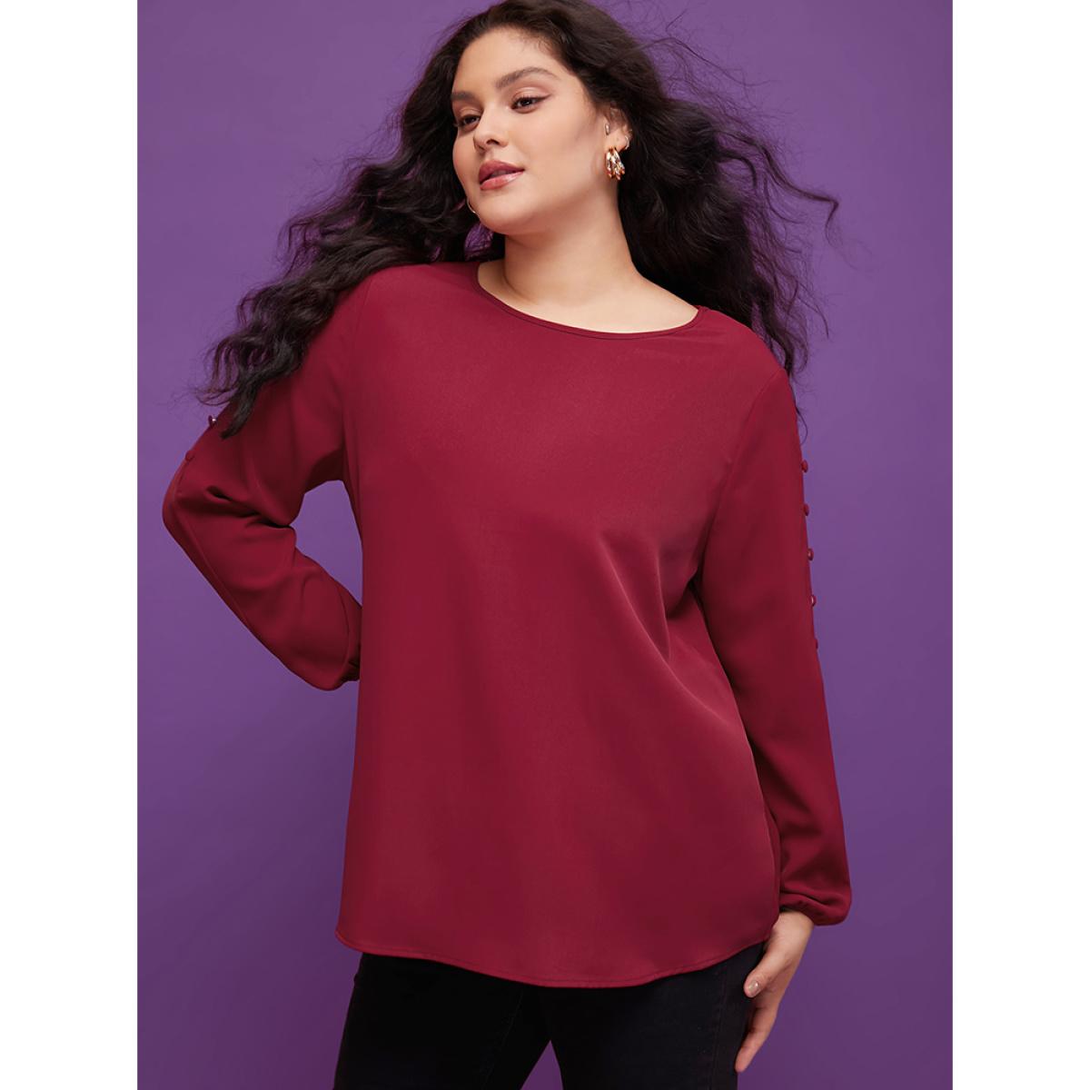Plus Size Scarlet Solid Round Neck Button Detail Blouse Women Elegant Long Sleeve Round Neck Dailywear Blouses BloomChic 12/L Product Image