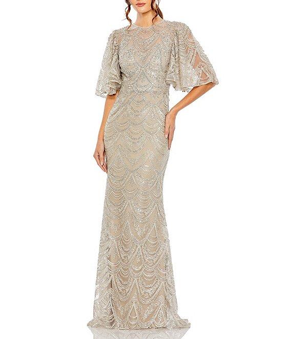 Mac Duggal Sequin Embellished Illusion High Neck 3/4 Sheer Flutter Sleeves Sheath Dress Product Image