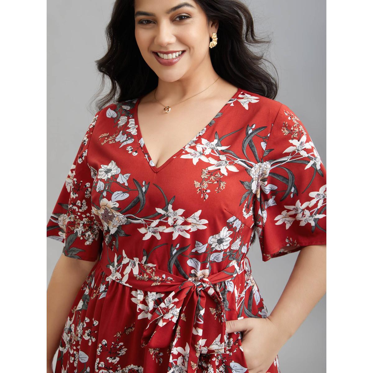 Plus Size Floral Print Waist-Tie V-Neck Midi Dress Scarlet Women Elegant Belted V-neck Half Sleeve Curvy BloomChic 26/4X Product Image
