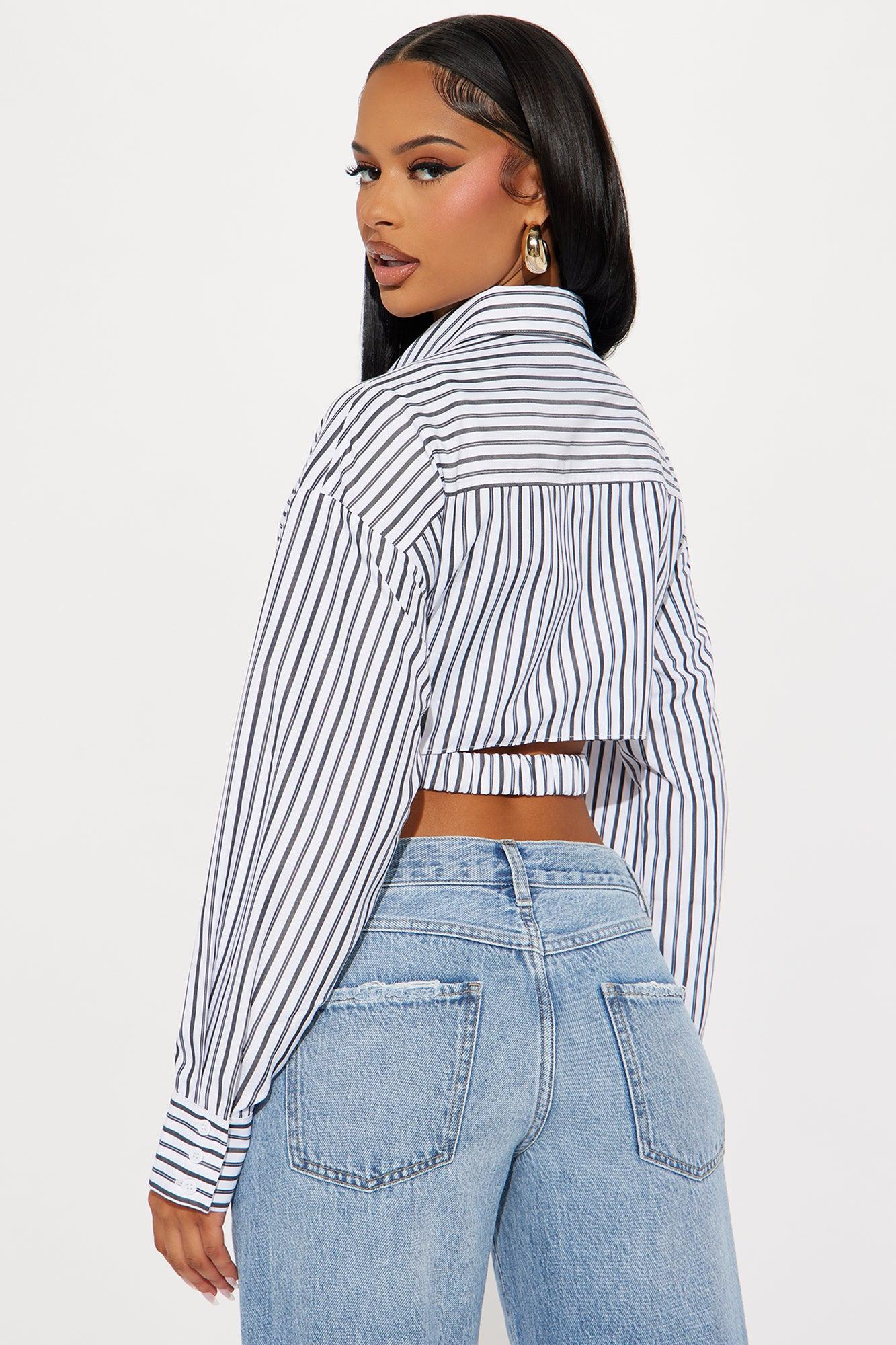 Brandi Cropped Striped Poplin Blouse Top - White/Black Product Image