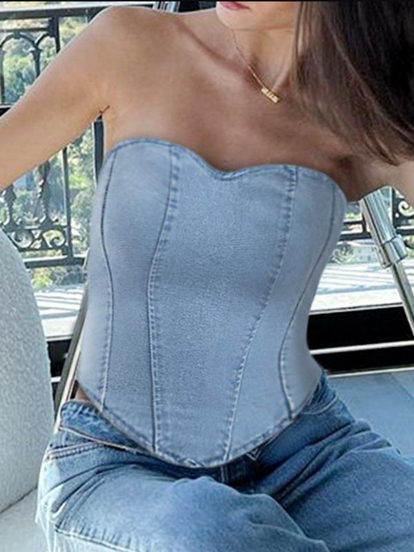 Vintage Denim Irregular Hem Corset Bandeau Top Product Image