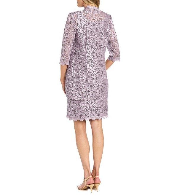 R & M Richards 2-Piece Scalloped Glitter Lace Beaded V-Neck Jacket Dress Product Image