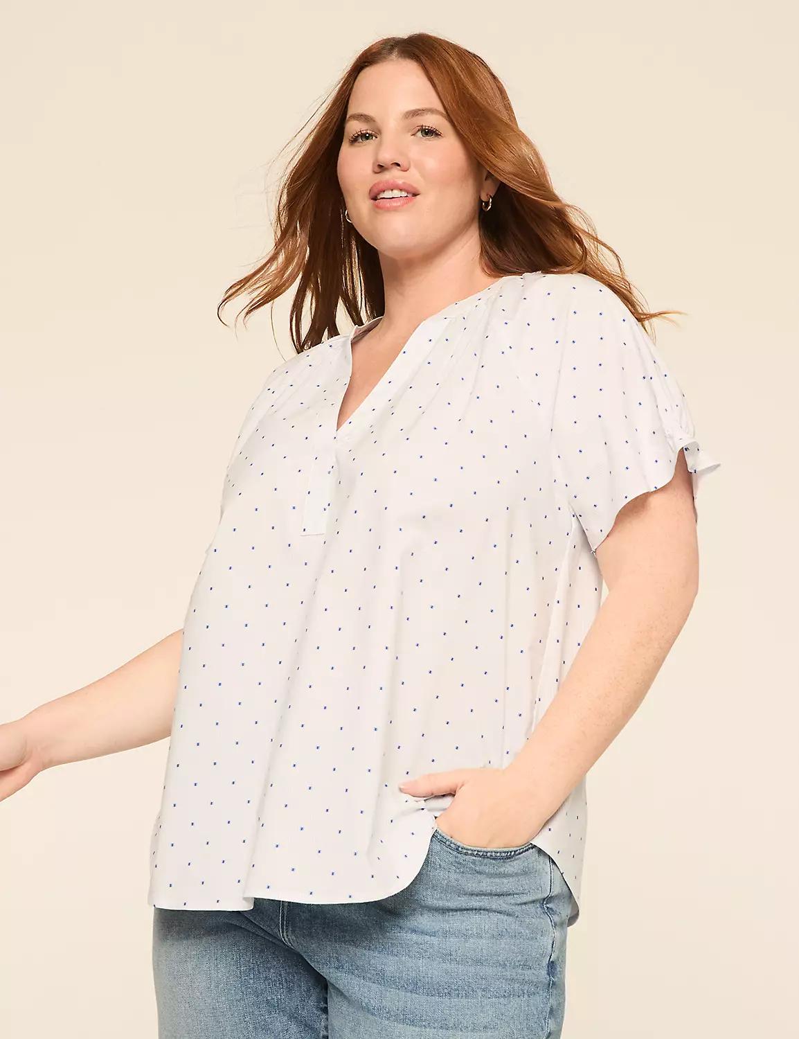 Flutter-Sleeve Notch-Neck Textured Popover Blouse Product Image