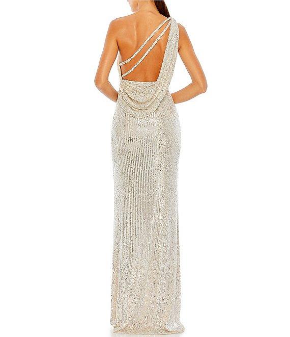 Mac Duggal Sequined Asymmetrical One Shoulder Sleeveless Strappy Open Back Detail Thigh High Slit Gown Product Image