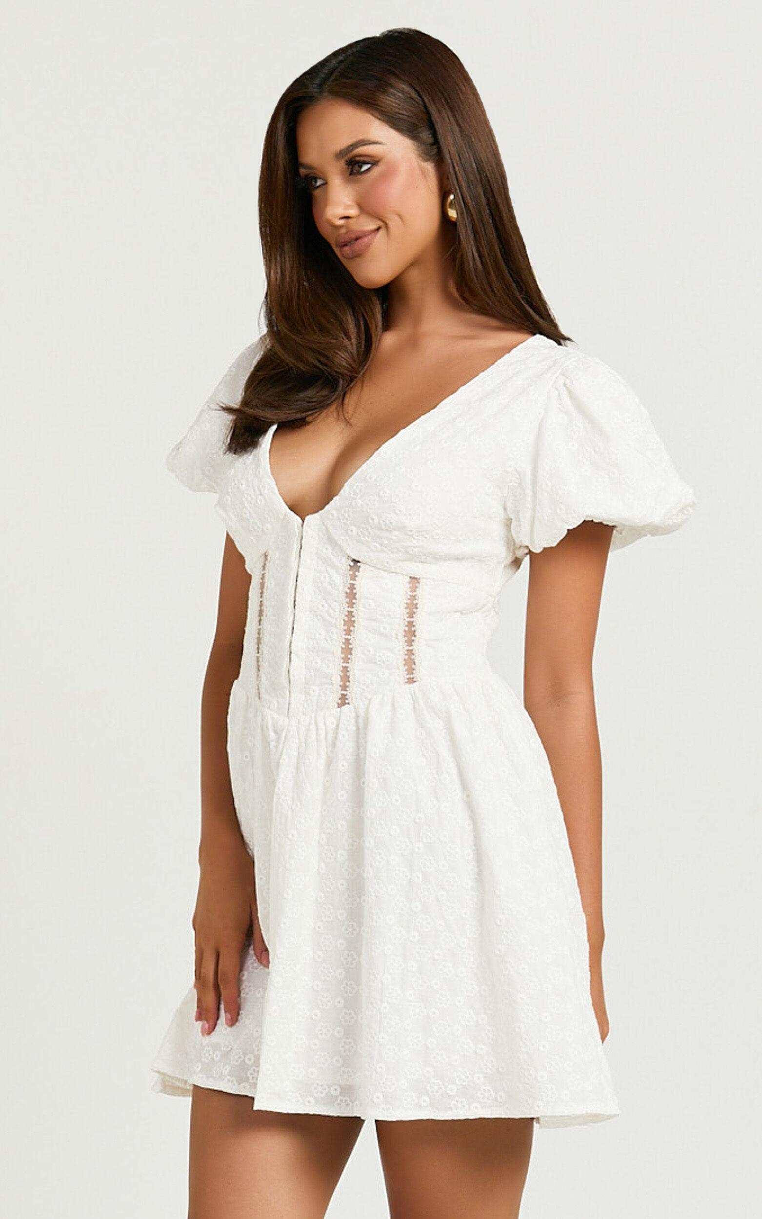 Chriscelle Mini Dress - Lace Detail Fit & Flare Dress in White Product Image
