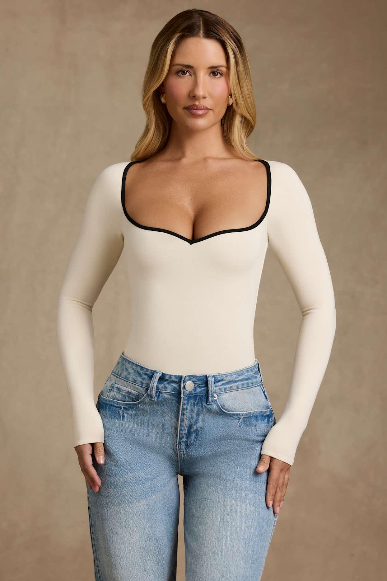 Modal Contrast-Trim Bodysuit in Ivory Product Image