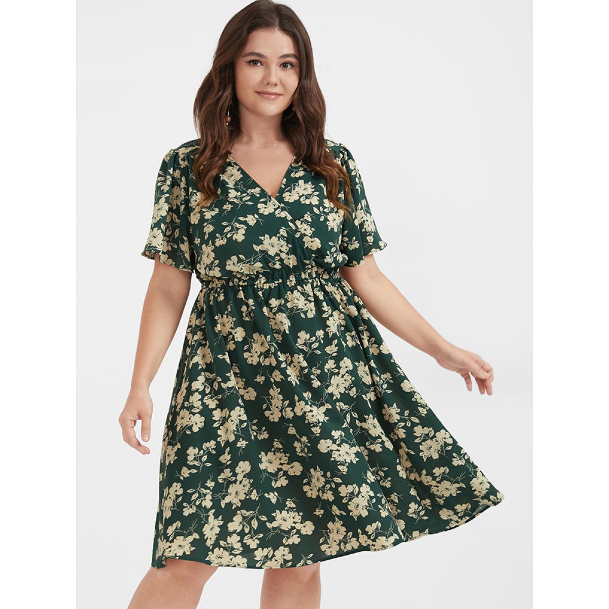 Plus Size Floral Belted Button Ruffled Wrap Knee Dress Green Women Elegant Printed V-neck Short sleeve Curvy Knee Dress BloomChic 28/5X Product Image
