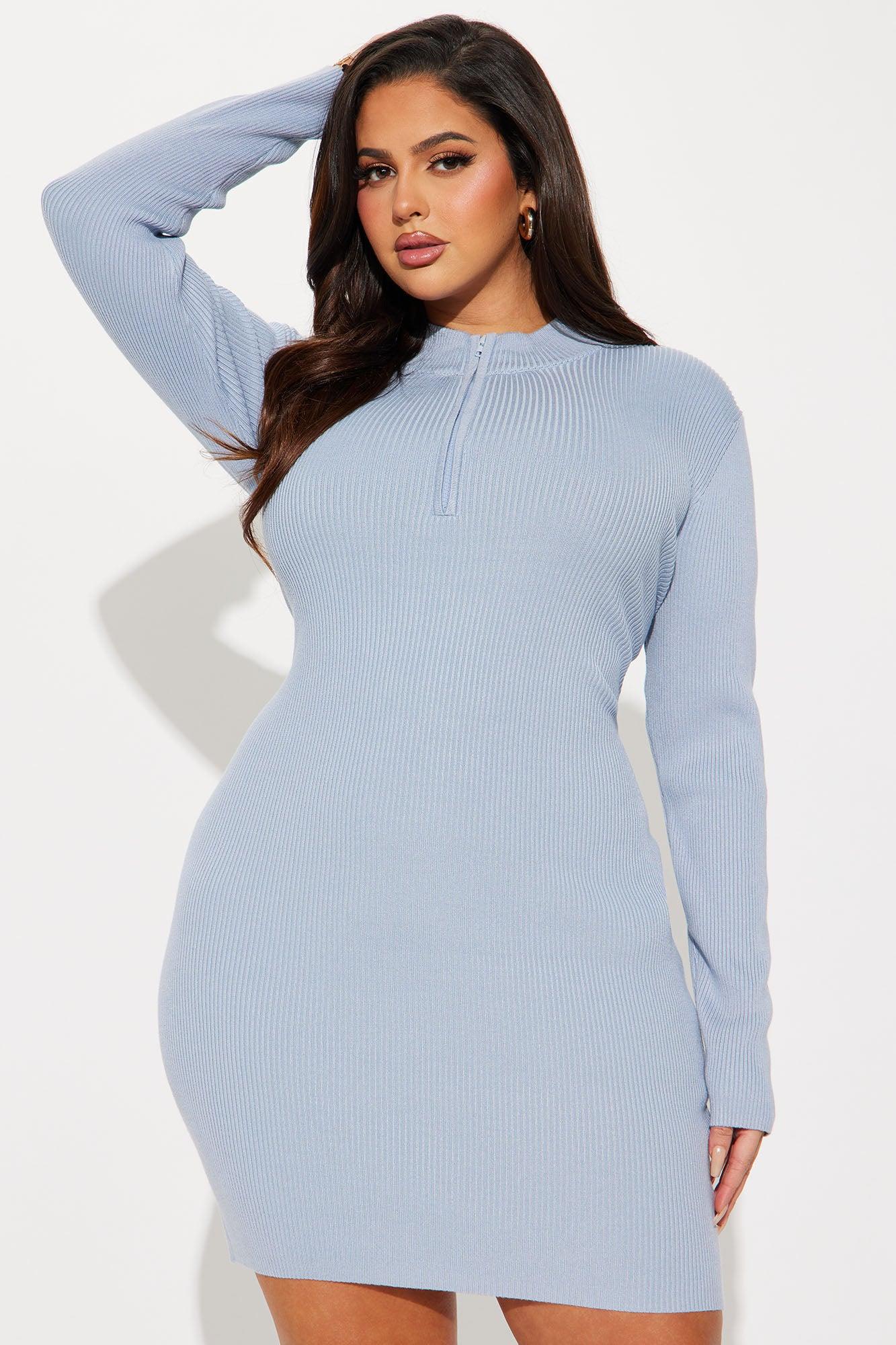 Kyana Zip Sweater Mini Dress - Light Blue Product Image